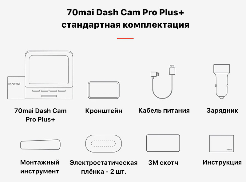 Что входит в стандартную комплектация 70mai Dash Cam Pro Plus+